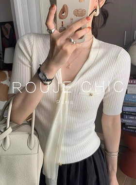 ROUJE CHIC法式白色飘带V领金扣冰丝针织衫女夏季修身短袖正肩t恤