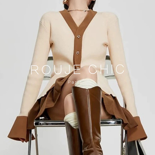 ROUJE CHIC法式美拉德穿搭喇叭袖针织衫女春长袖修身显瘦毛衣上衣