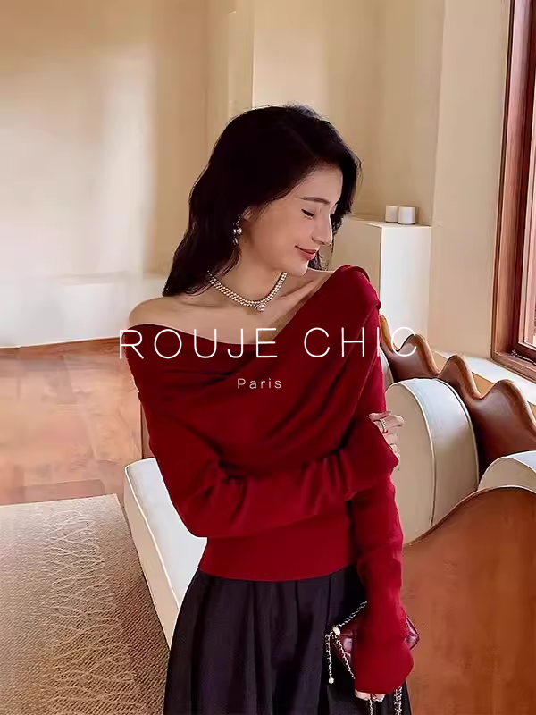 ROUJE CHIC法式高级感修身气质毛衣上衣女红色一字肩针织打底衫,女装/女士精品,大码内搭,淘宝优惠券,粉丝福利购,淘宝优惠卷