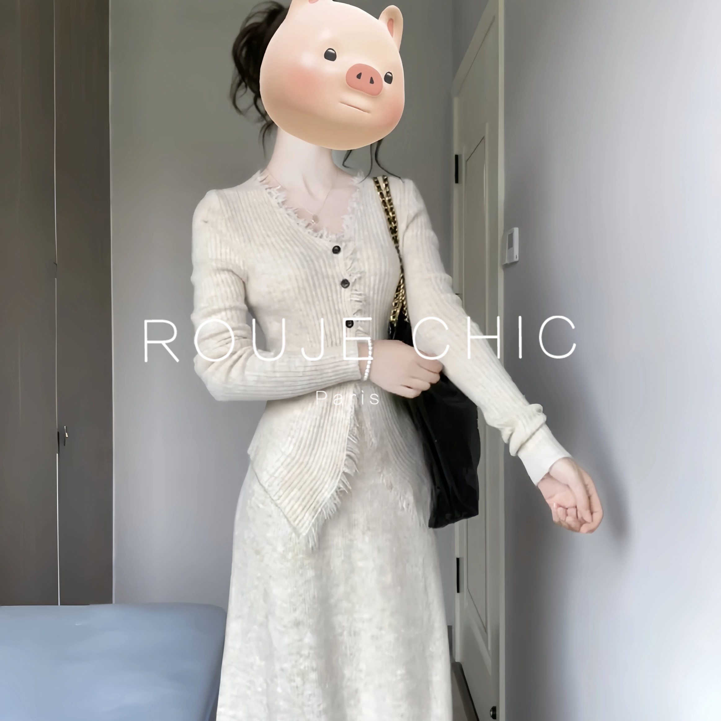 ROUJE CHIC法式温柔风V领流苏毛衣女秋冬设计感针织套装连衣裙子