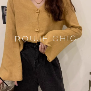 ROUJE CHIC法式姜黄色喇叭袖V领针织开衫女秋冬长袖薄款外搭毛衣
