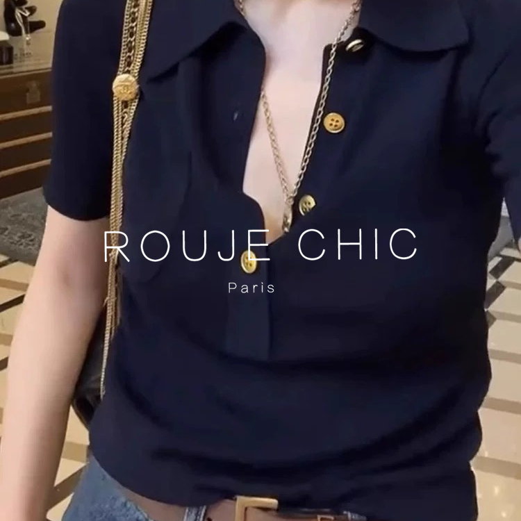 ROUJE CHIC法式高级感polo领冰丝针织正肩短袖t恤打底上衣女夏季