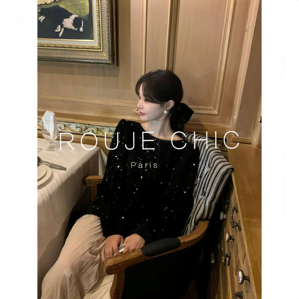 ROUJE CHIC法式千金名媛气质亮片黑色圆领拼接鱼尾连衣裙女秋冬季