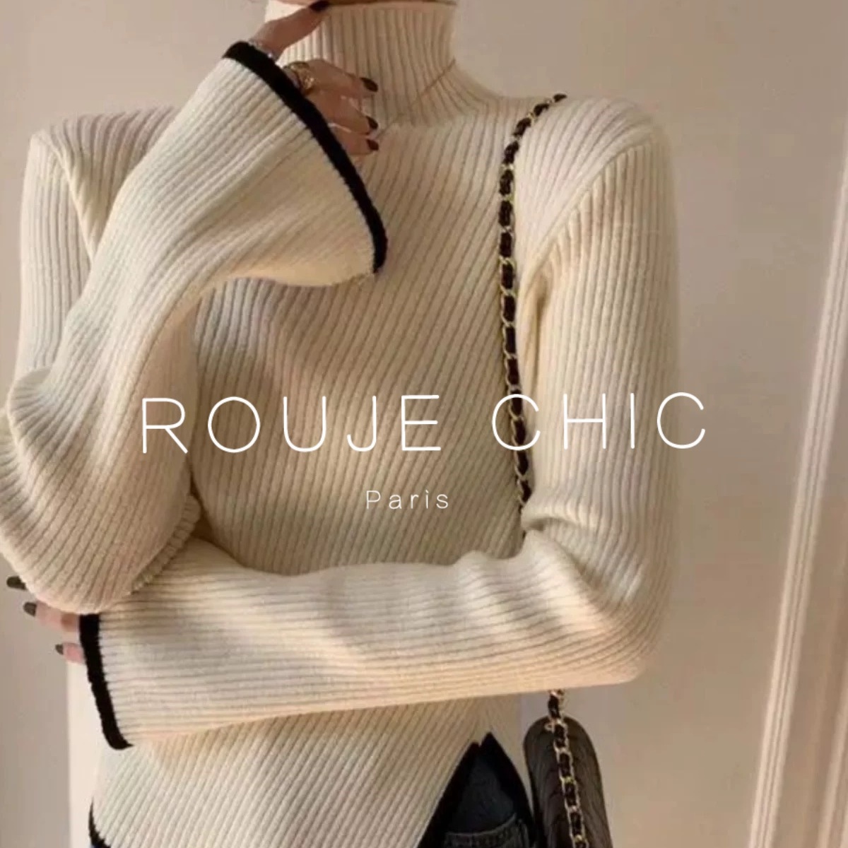 法国不规则开叉高领针织衫女秋冬