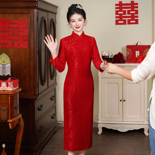 外嫁女回娘家旗袍大红色中国红小个子妈妈长袖秋装蕾丝连衣裙大码