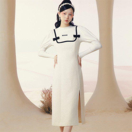 糖力中长款开叉小香风吊带连衣裙