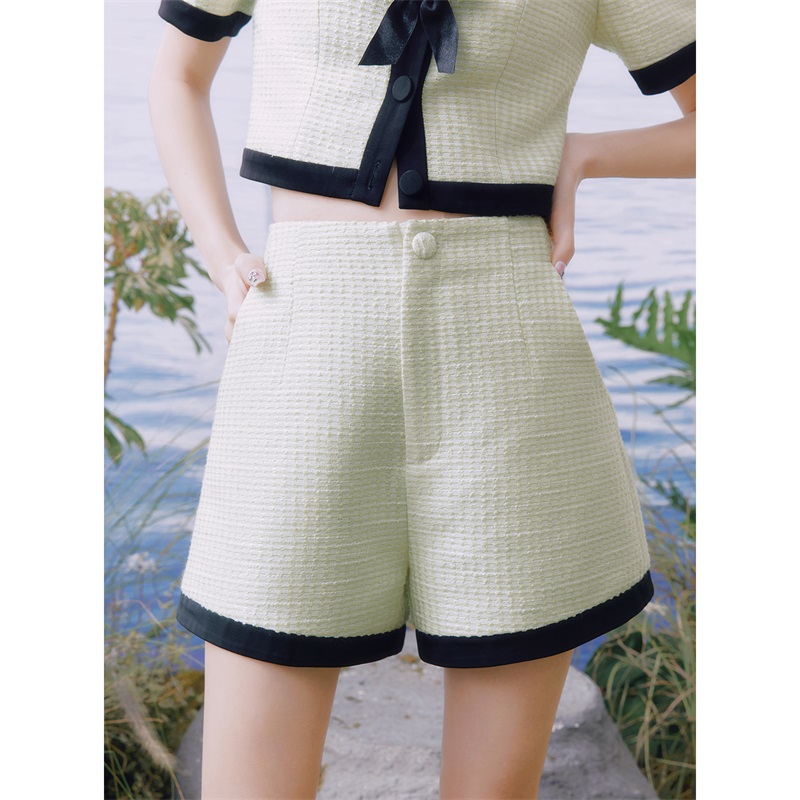 糖力撞色包边阔腿裤小香短裤