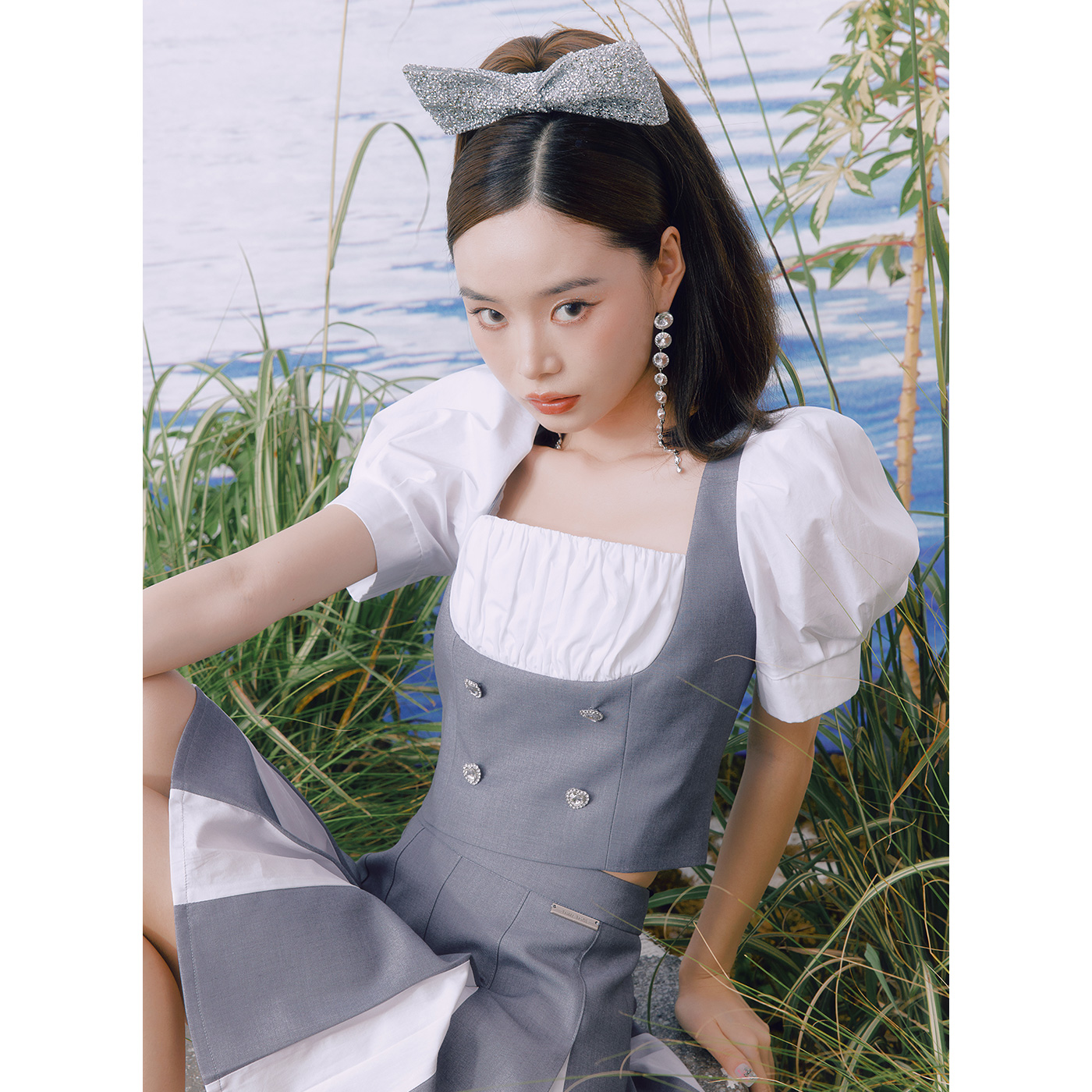 糖力夏季新款拼色短袖露脐短款显瘦方领后背绑带罩衫上衣女小个子