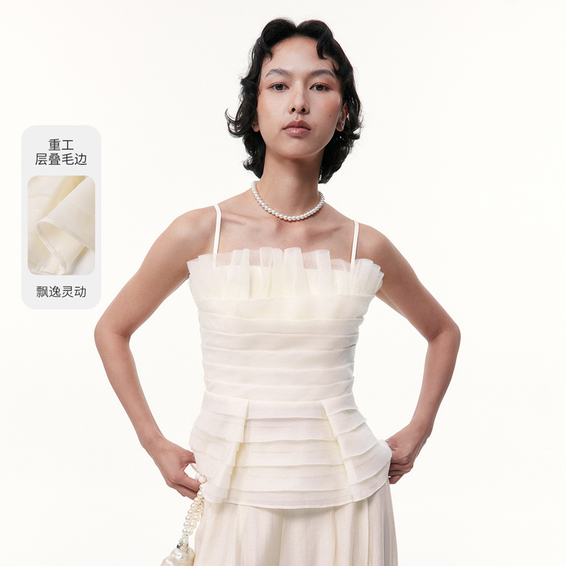 商场同款糖力2025夏季新款仙气层叠欧根纱抹胸吊带上衣女收腰显瘦