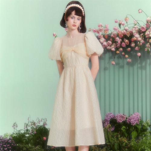 商场同款蝴蝶结提花欧根纱拼接