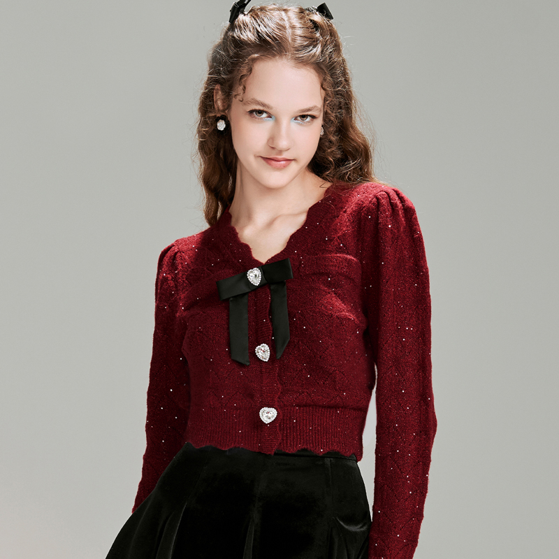 钻饰蝴蝶结亮片针织衫开衫