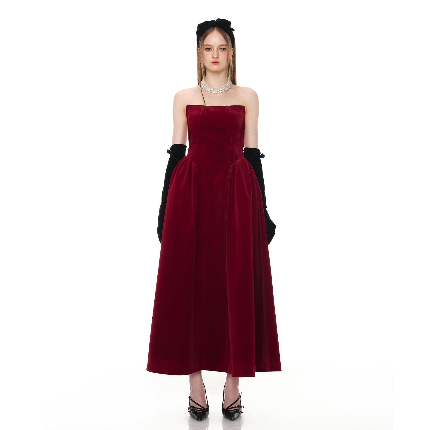 糖力红色小礼服丝绒抹胸连衣裙女