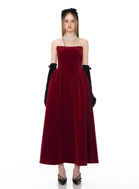 商场同款糖力 舞会派对礼服长裙 2025冬新款红色丝绒抹胸连衣裙女