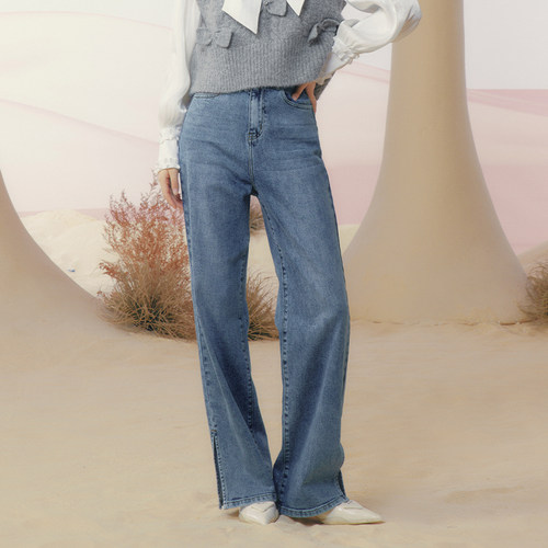 开叉阔腿裤牛仔裤宽松直筒长裤