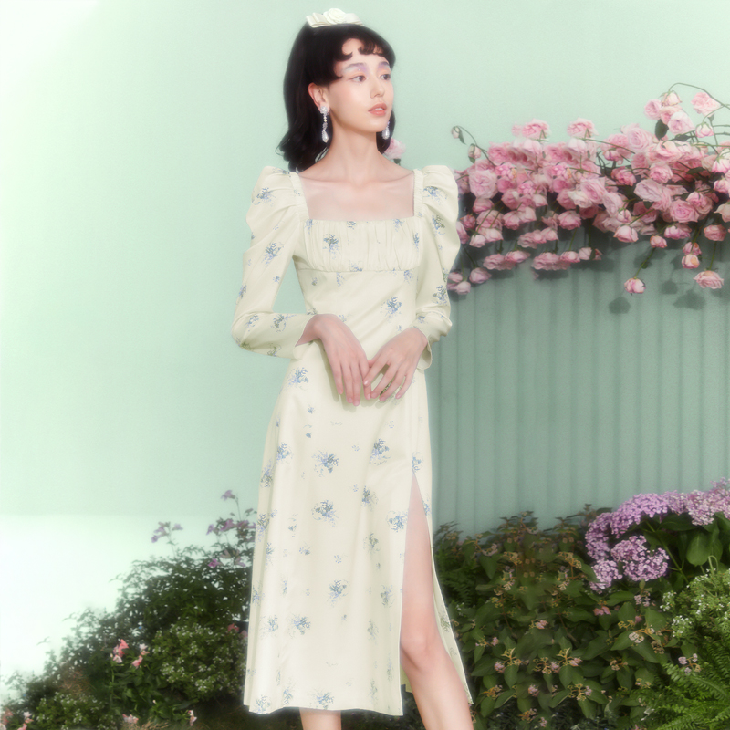 碎花裙子开叉中长款印花连衣裙