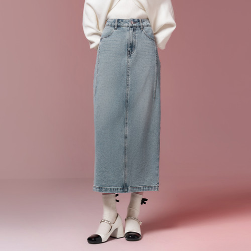 牛仔半身裙糖力高腰显瘦开叉水洗