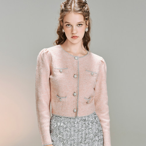 钻饰单排扣亮片小香风针织衫开衫