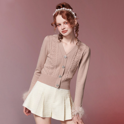 糖力长袖可拆羽毛装饰针织衫上衣