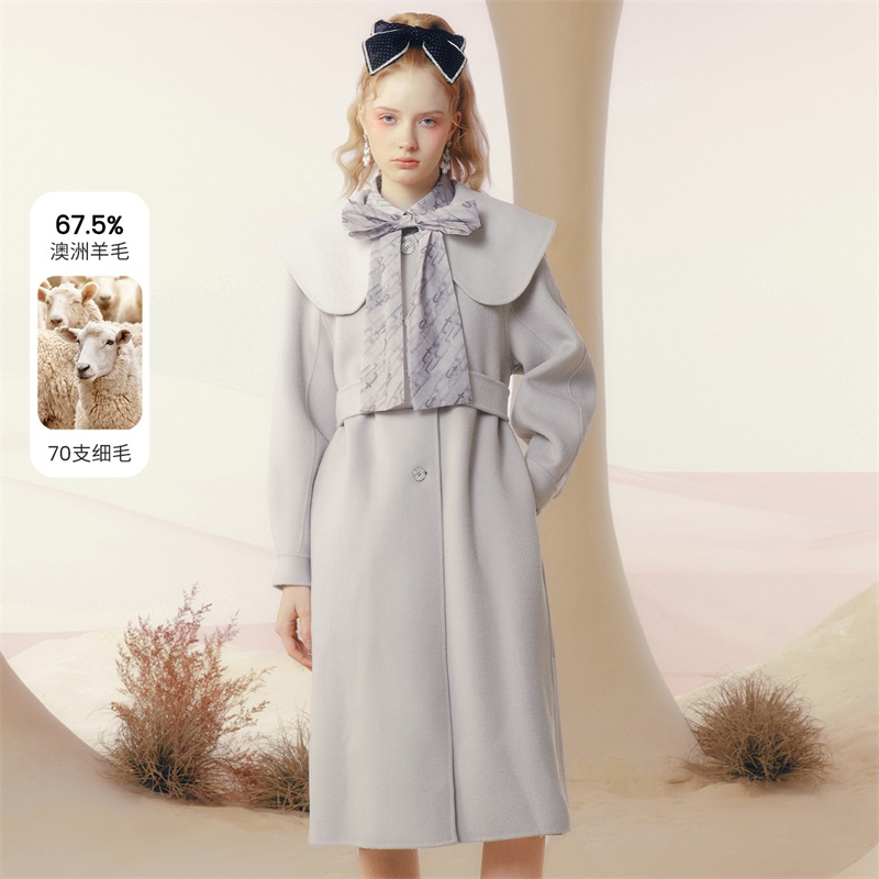 糖力中长款娃娃领羊毛双面呢外套