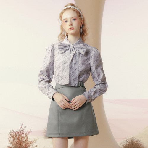 糖力长袖欧根纱蝴蝶结衬衫上衣