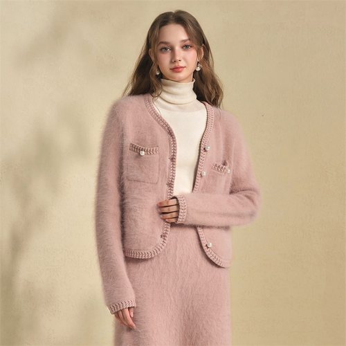 珍珠扣兔毛混纺针织衫开衫小外套
