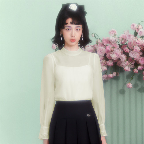 糖力长袖套头轻薄欧根纱罩衫