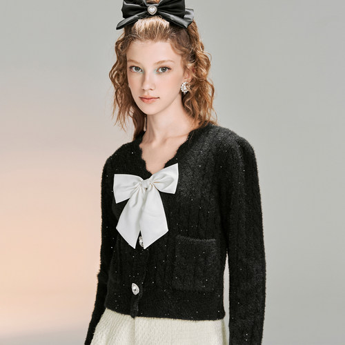 甜美撞色蝴蝶结亮片针织衫开衫