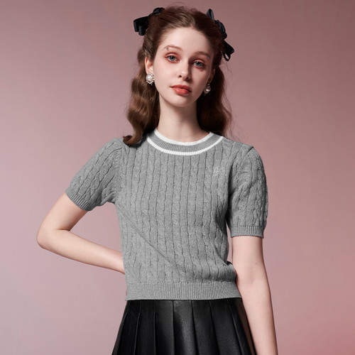 糖力短袖套头撞色麻花针织衫上衣