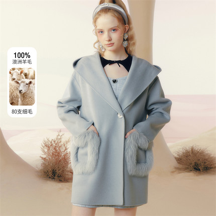 糖力冬季新款 轻奢100%澳洲羊毛双面呢大衣女连帽毛呢外套