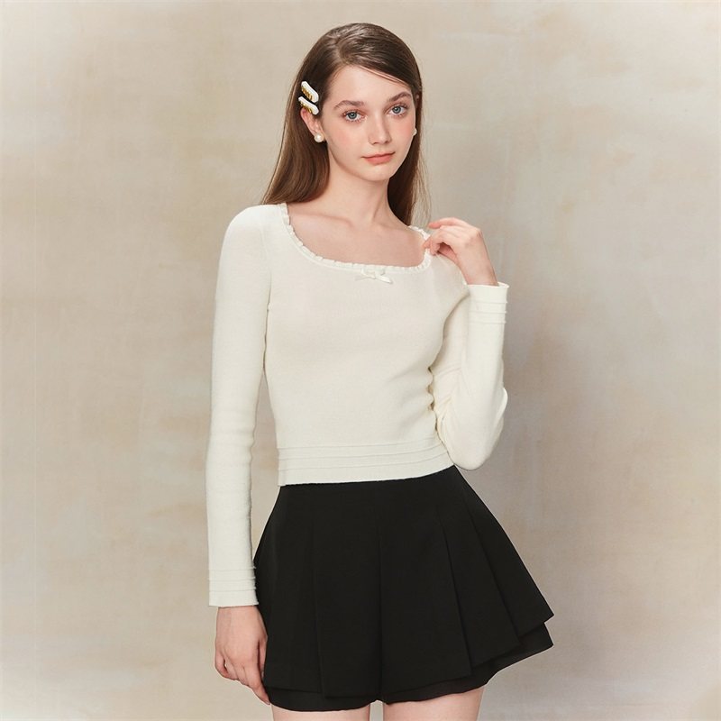 糖力套头方领女修身针织衫上衣