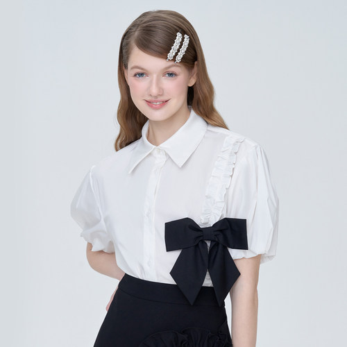 糖力宽松短袖木耳边蝴蝶结衬衫