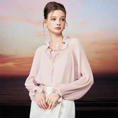 糖力雪纺衫上衣设计感波浪褶皱