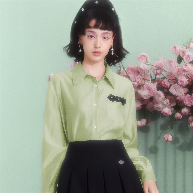 糖力珠片花朵装饰天丝混纺衬衫