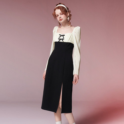 糖力法式茶歇裙开衩中长款连衣裙