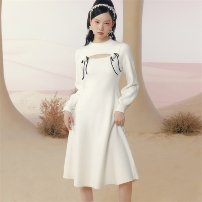 长袖花朵装饰镂空针织连衣裙