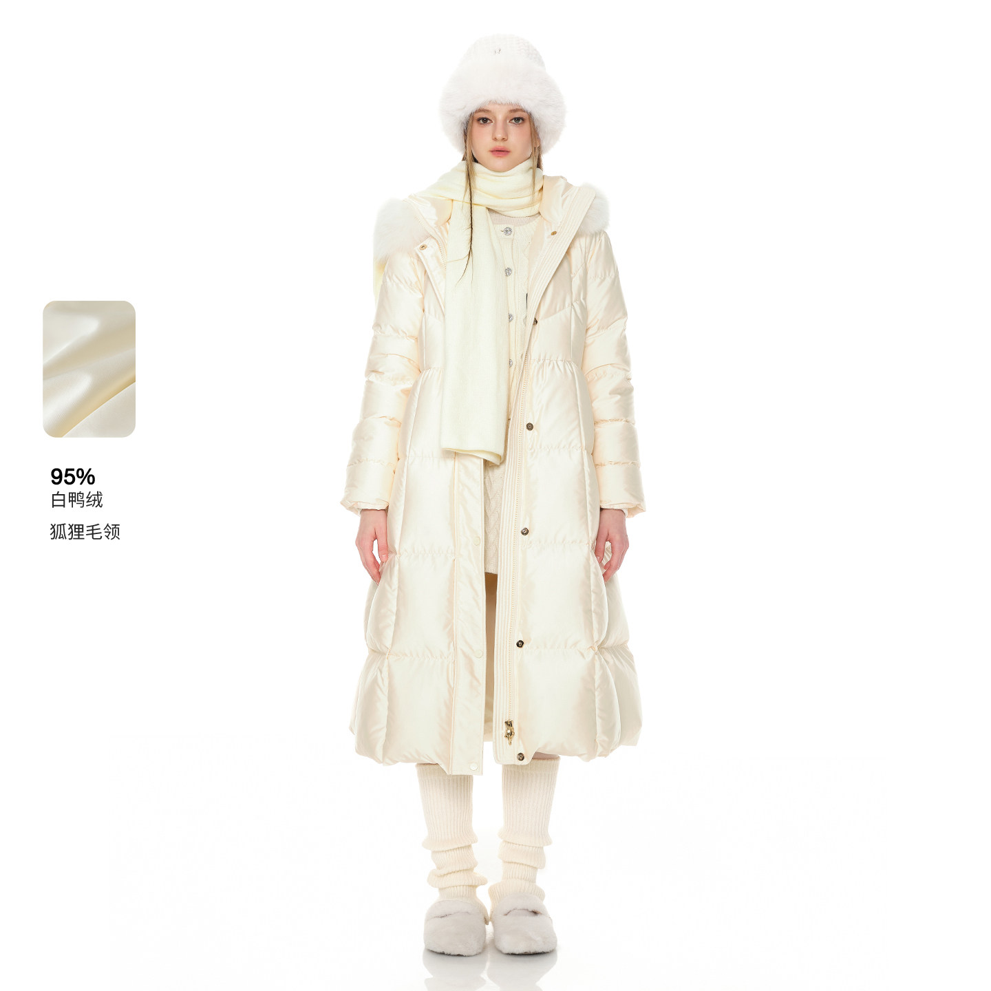 糖力狐狸毛领95白鸭绒羽绒服外套