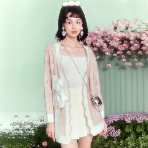 针织开衫糖力立体花朵中长款