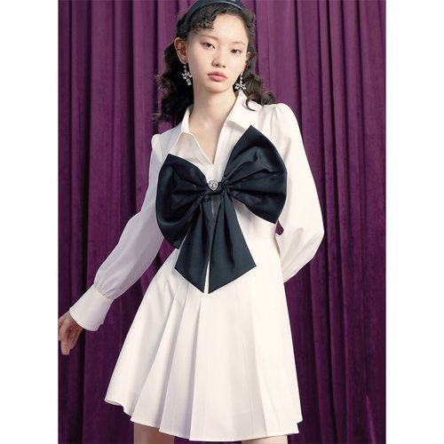 糖力长袖撞色蝴蝶结衬衫连衣裙