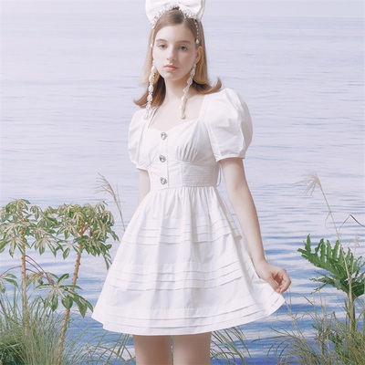 糖力方领显瘦棉质露背绑带公主裙