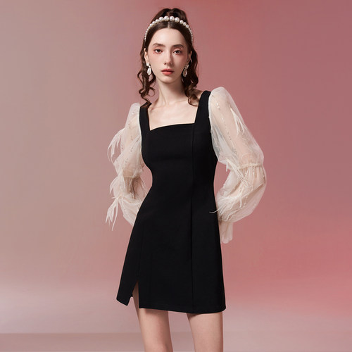 糖力仙气亮片羽毛拼接网纱连衣裙