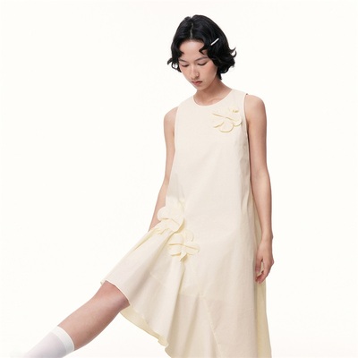 糖力无袖立体花不规则连衣裙女夏