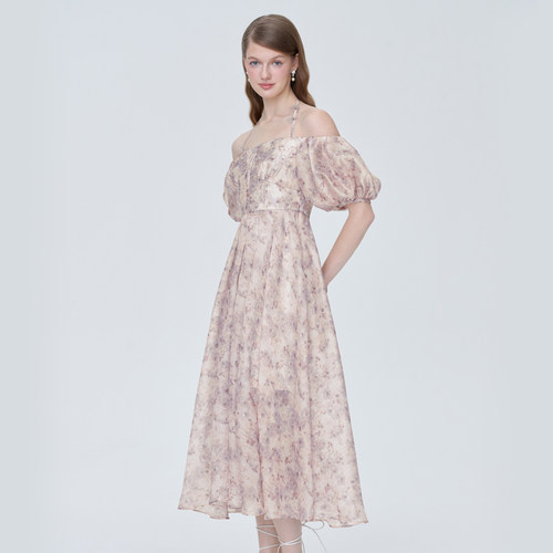 糖力挂脖一字肩雪纺印花连衣裙