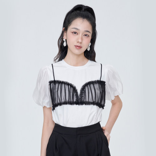 糖力短袖甜酷风假两件立体褶T恤