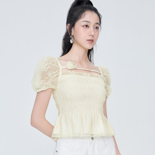 糖力打揽短款上衣仙气纱质绣花