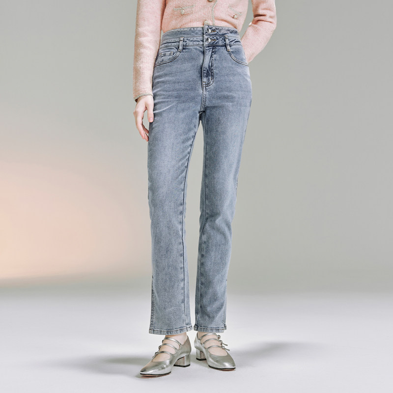 高腰双腰头显瘦直筒开叉牛仔裤