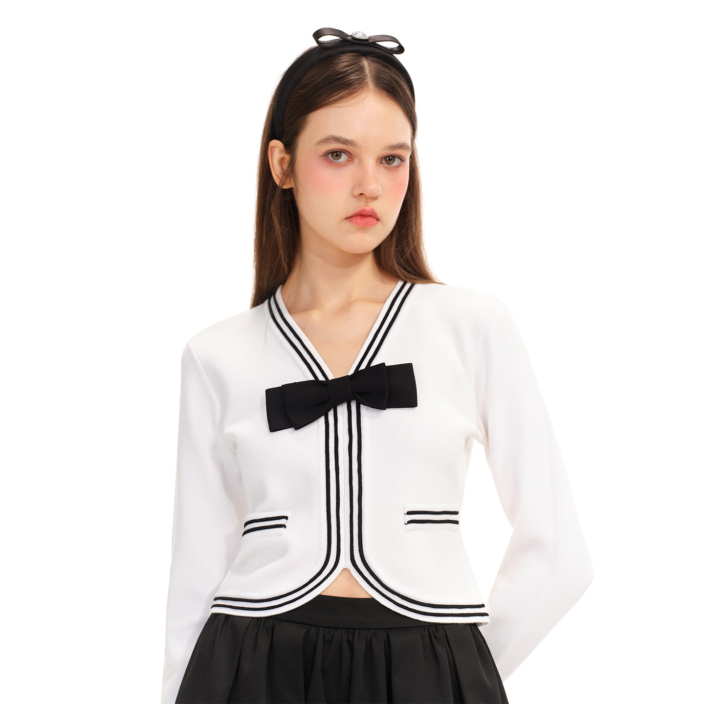 【商场同款】糖力2026春新款甜美撞色蝴蝶结装饰针织衫上衣女收腰