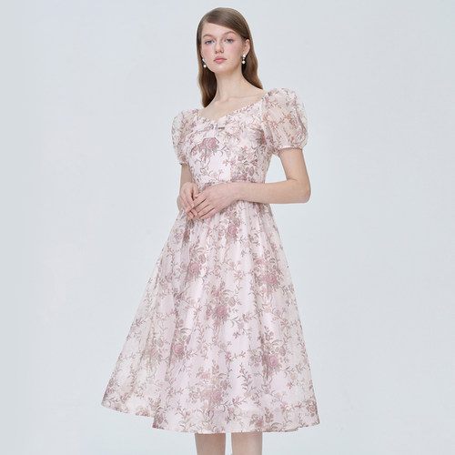 纱质印花连衣裙高腰中长款裙子