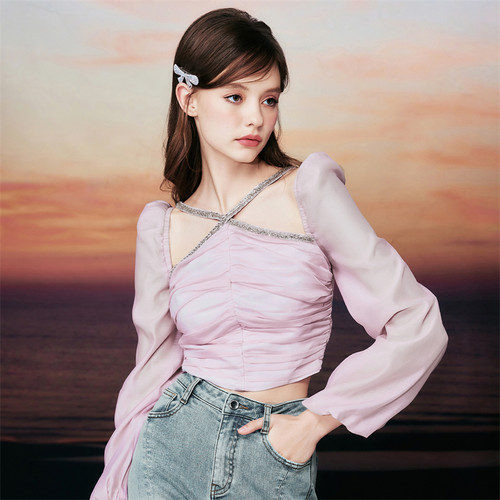 钻饰镂空女轻薄纱短款显瘦上衣