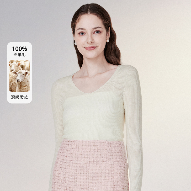 糖力100%羊毛衫V领打底针织衫