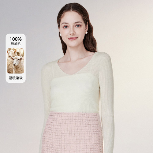 糖力100%羊毛衫V领打底针织衫